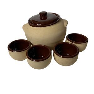 Vintage Watt Pottery #76 Bisque and Brown Bean Pot With Lid and Four Bowls